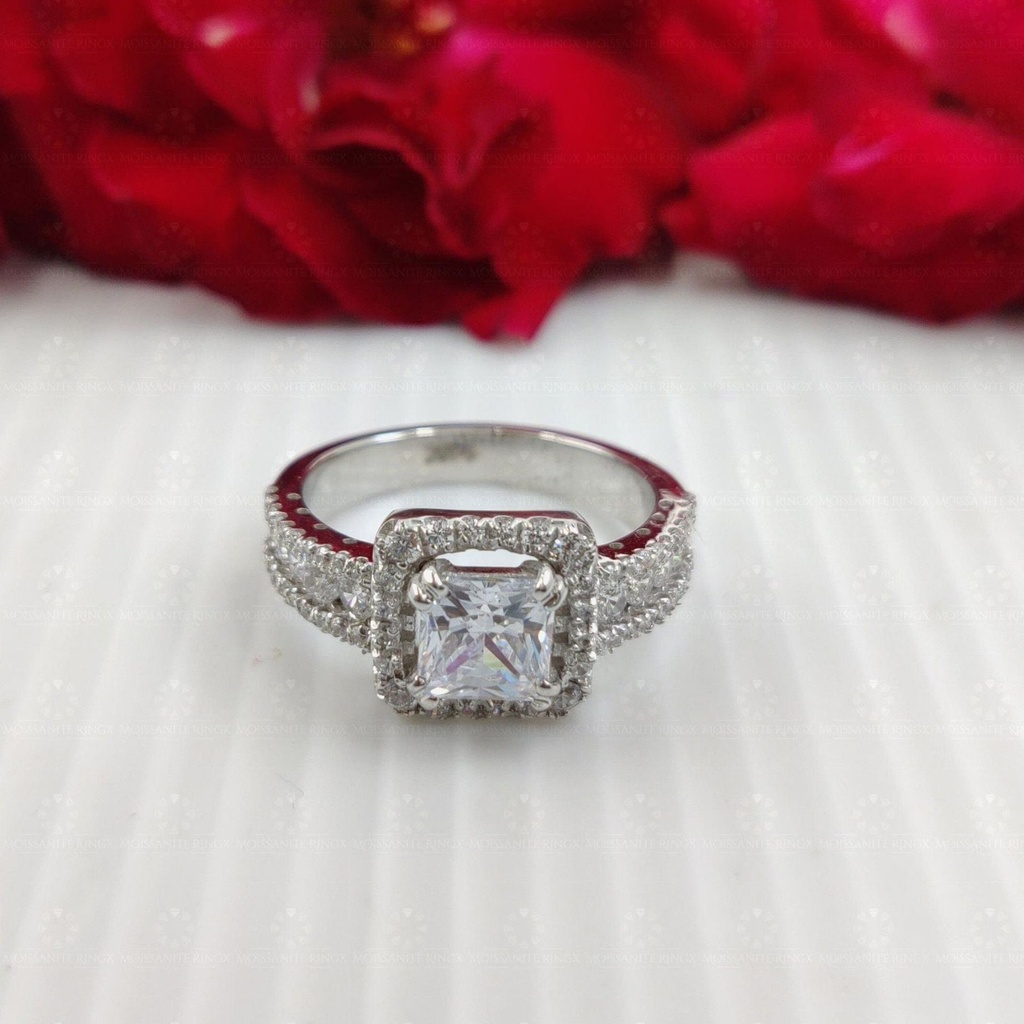Princess Cut Halo Moissanite Engagement Ring, Round Cut Half Eternity Anniversary Ring, 925 Sterling Silver, Cubic Zirconia Ring
