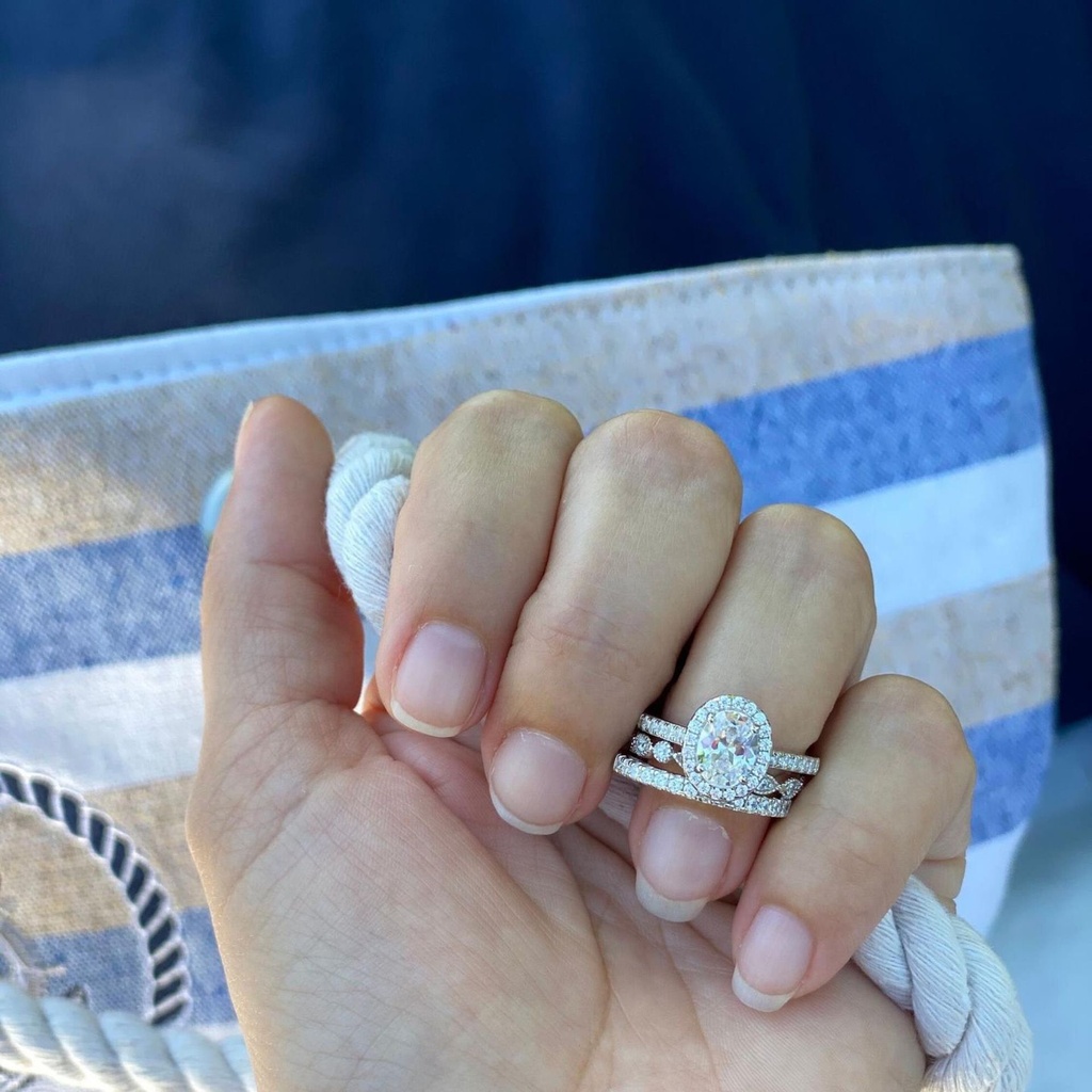  Oval Ring Set Sterling Silver Oval Halo Ring, Wedding Ring Set, Anniversary Rings, Art Deco Band, Stacking Rings, Silver Rings