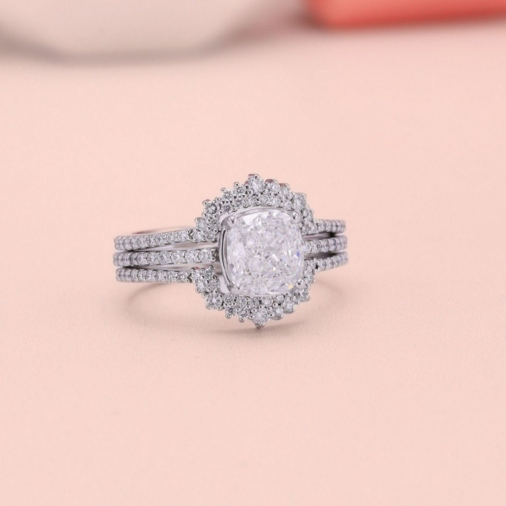 Cushion Lab-Grown Diamond Engagement Cushion Lab diamond ring with two matching band ring set-Gold bridal set-Rings for women