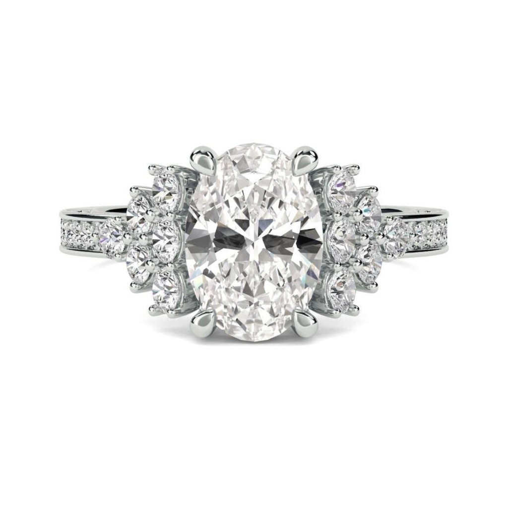 Oval Cut Diamond Engagement Ring, Round Brilliant Side Stone Solitaire Accent Ring, Lab Created Diamond Ring