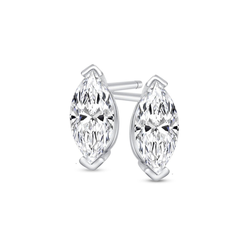 14k White Gold Pair of Marquise Cut Natural Diamond Stud Earrings Screw Back Or Push-in