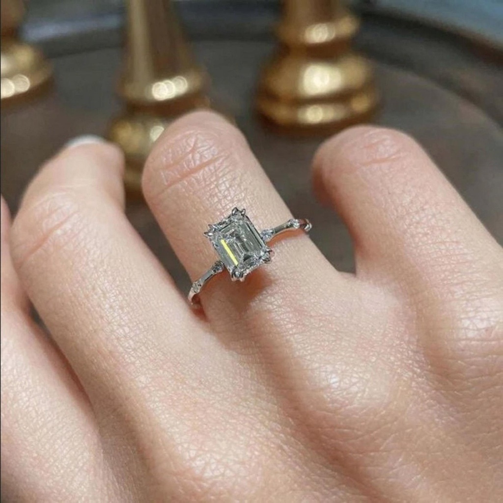 Emerald Cut Moissanite Engagement Ring - 10k White Gold Ring Side Stone Diamond - 8 Prongs Ring - Anniversary Gift Ring For Women