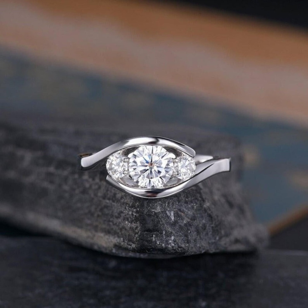 Three Stone Bypass Moissanite Diamond Ring, Round Cut Moissanite Engagement Ring, Tension Set Fancy Wedding Ring, Gift for her