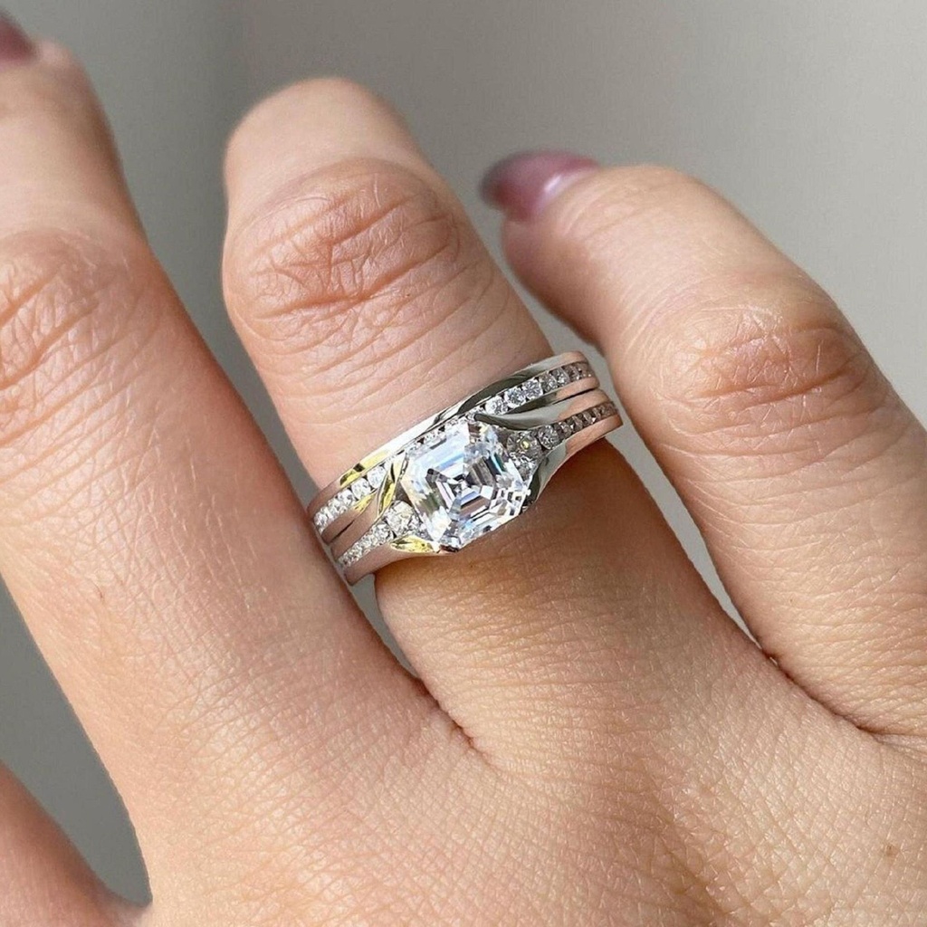  Asscher Cut  Engagement Ring Set-Square Cut Wedding Ring-Asscher Solitaire Bridal Ring-Half Eternity Matching Band