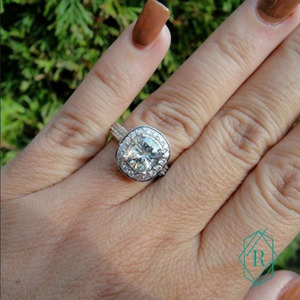 Vintage Cushion Cut Bridal Engagement Ring Set \ Ring Set -Halo Cushion Ring Set   Ring