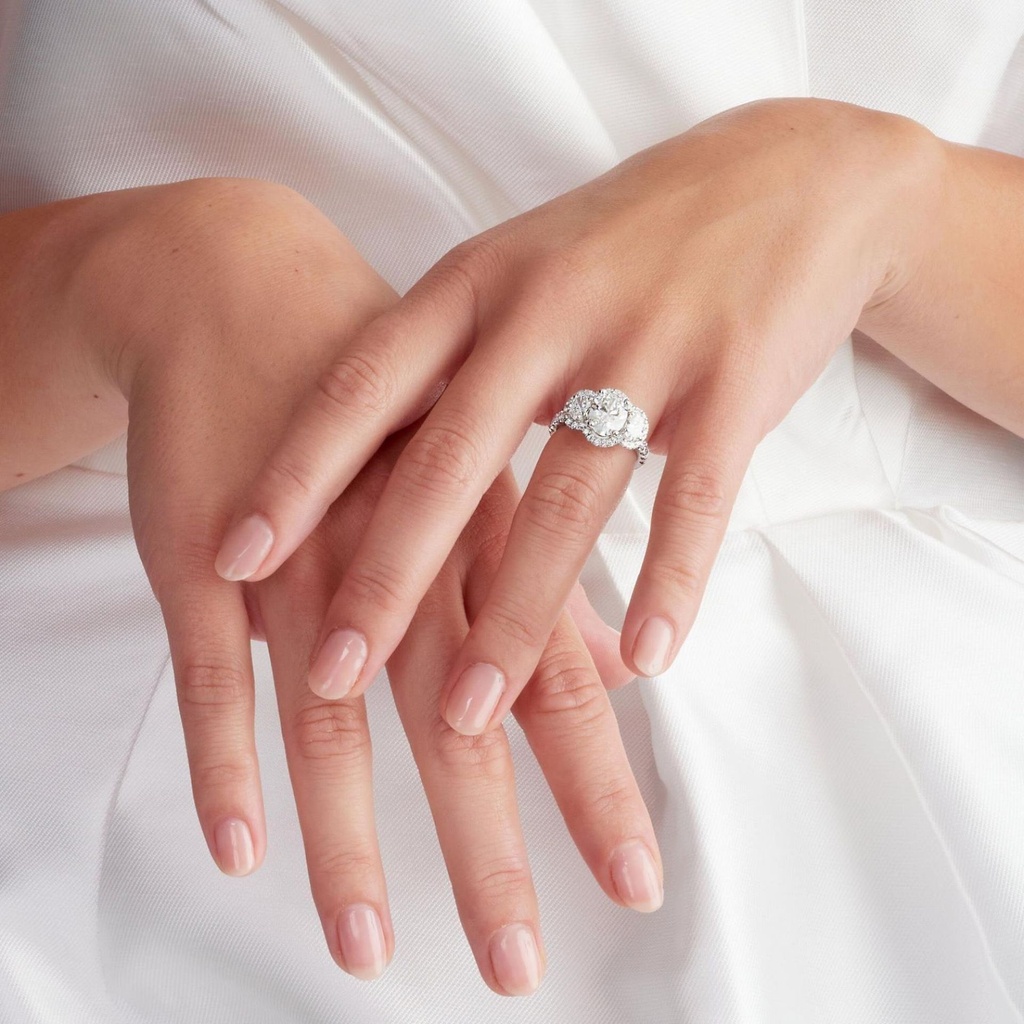  Edwardian Cathedral Three Stone Lab Grown Diamond Engagement Ring, 14k White Gold