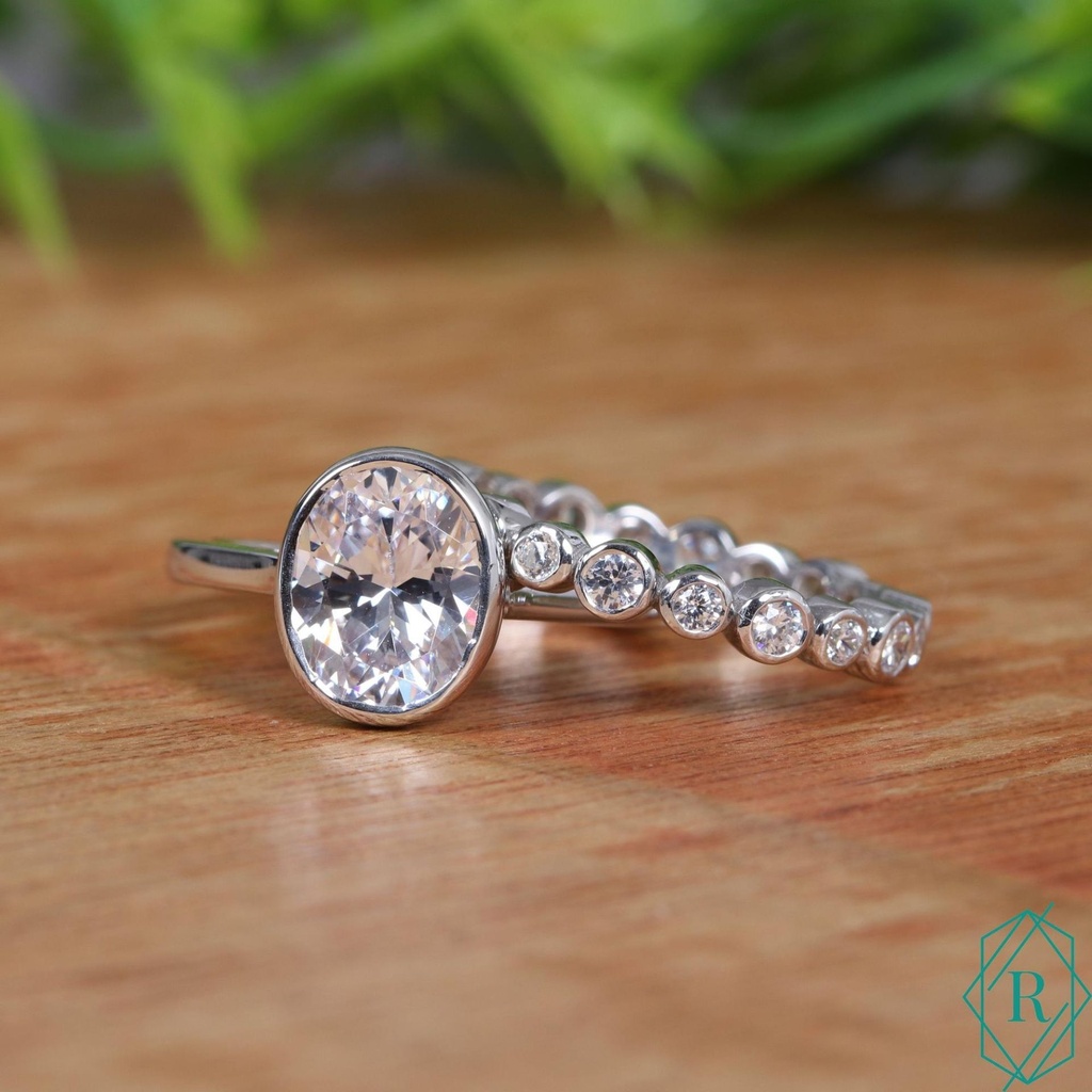  Oval Cut  Ring / 14K Gold Bridal Ring Set / Matching Eternity Bezel Set Band / Bridesmaid Gifts Day Of Wedding