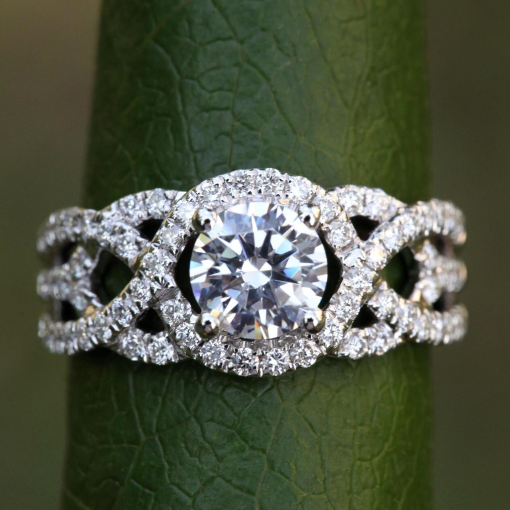 TWIST OF FATE - 14k White gold - Diamond Engagement Ring - Halo - Unique - Swirl - Pave - Bp024
