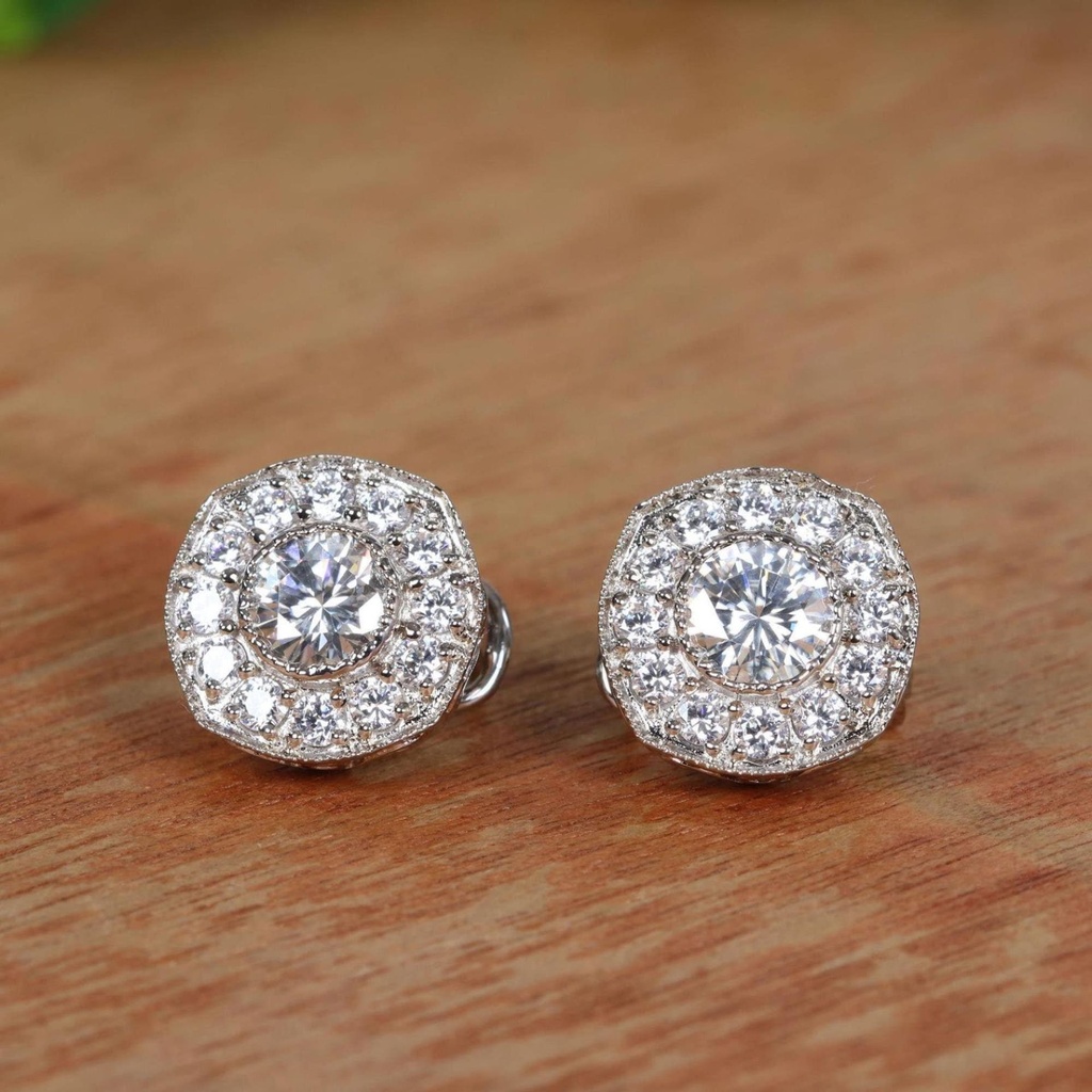 Diamond Halo Round Stone Stud Earring For Women, Wedding Earrings, Bridesmaids Gift, Gift For Her, Minimalist Earrings