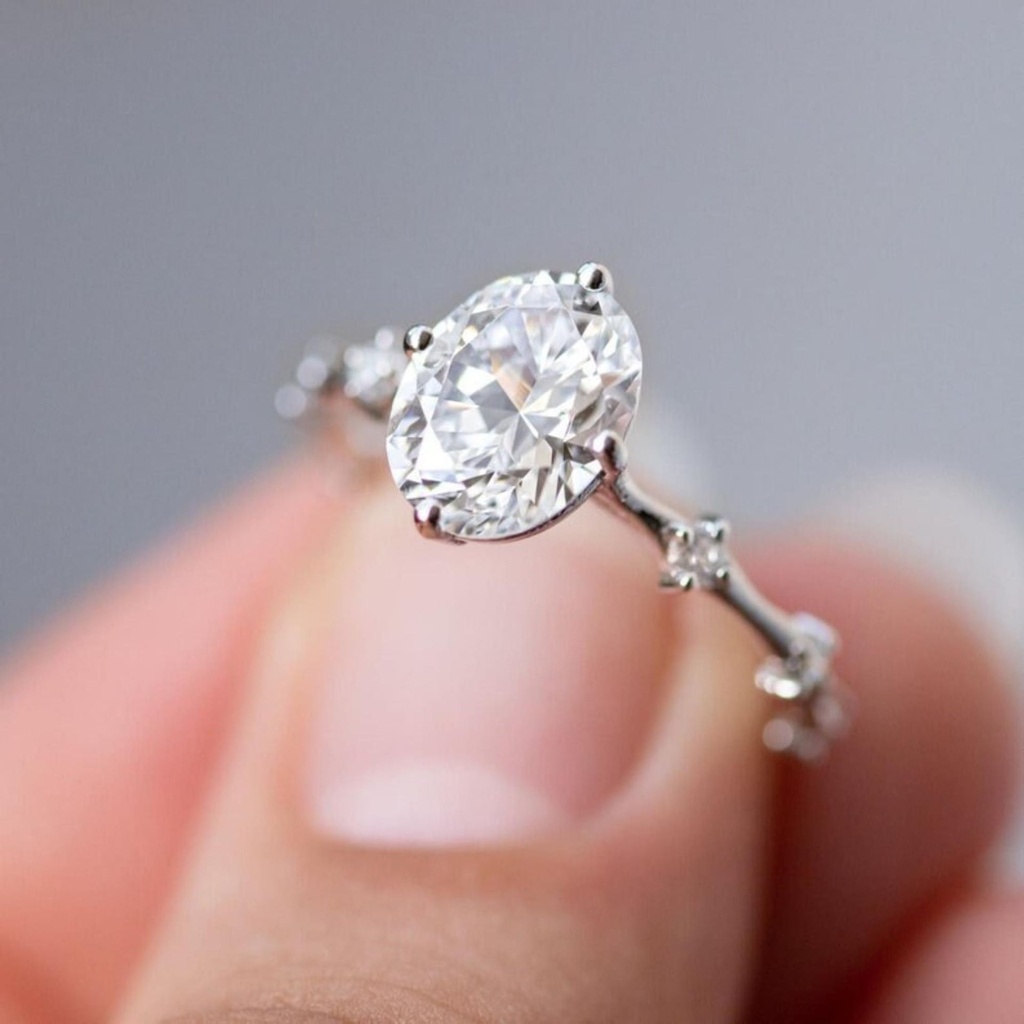 Solitaire With Accents Ring, 1.50CT Oval Cut Moissanite Wedding Ring, Flush Set Diamond Engagement Ring, Solid 14K Gold Ring For Wife