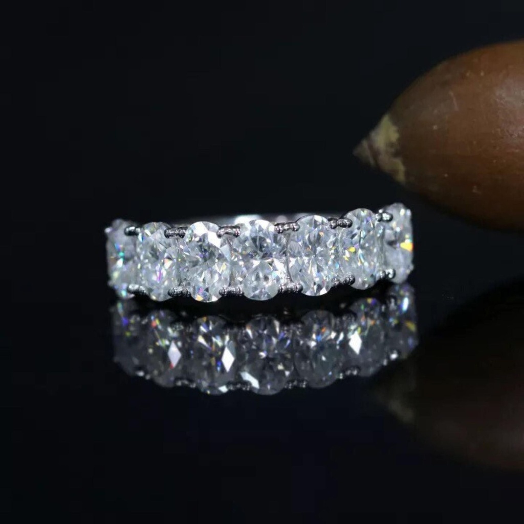 Oval Diamond Engagement Ring Colorless 7 Stone Wedding Band 14K Solid White Gold Ring Stacking Wedding Band