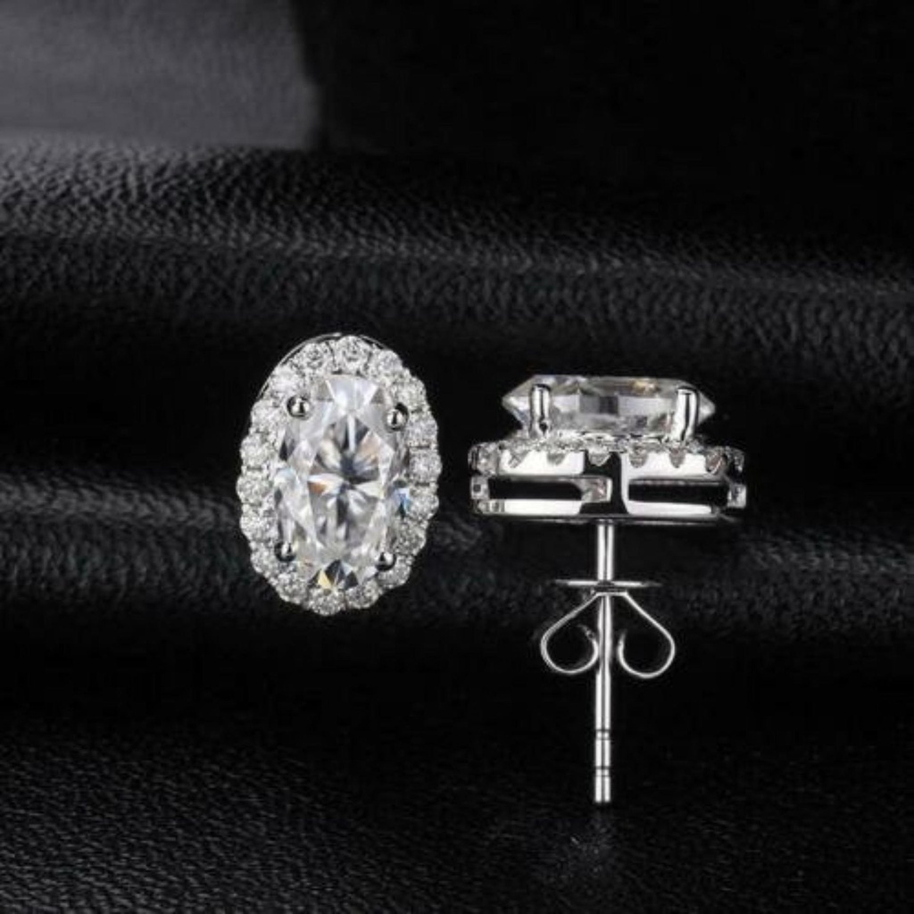 Oval Cut Colorless Moissanite Halo Earrings, Push Back/Screw Back Earrings, 925 Silver Wedding Stud Earrings for Women, Anniversary Gifts