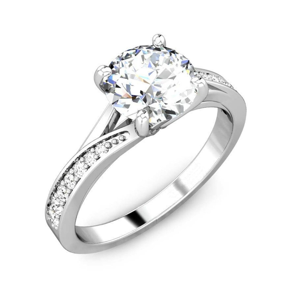 Solitaire With Accents  White Round Cut Cubic Zirconia In 925 Sterling Silver Ring For Engagement