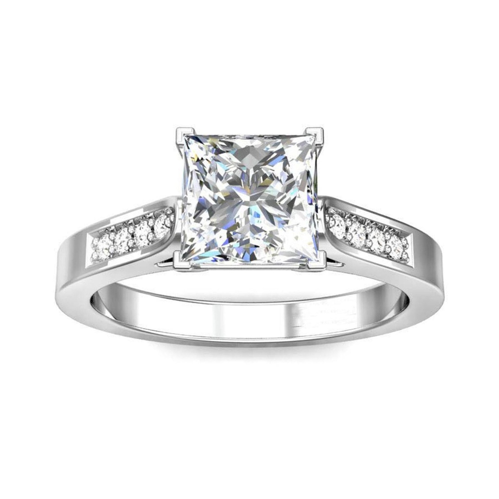 Solitaire With Accents  White Princess Cut Cubic Zirconia In 925 Sterling Silver Ring For Engagement