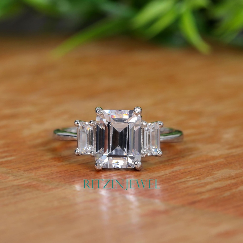 Emerald Three Stone Diamond Engagement Ring for Women 
