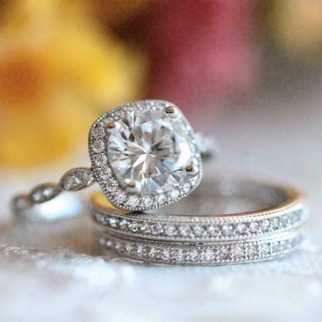 Trio Set Moissanite Engagement Ring Round Cut
