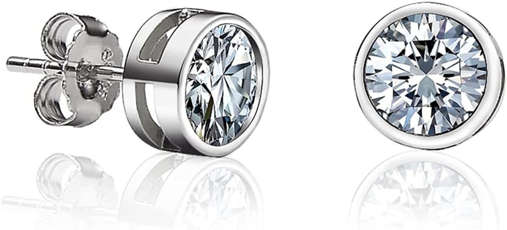 Round Brilliant Cut White Cubic Zirconia 925 Sterling Silver Stud Earrings For Women