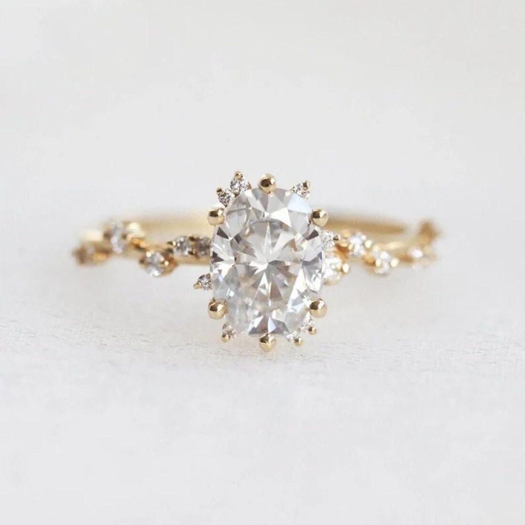 Oval Cut Lab Grown Diamond Ring, Antique Edwardian Diamond Ring, Solid 14K Gold, Statement Cluster Ring, Beautiful Mid-Century Ring