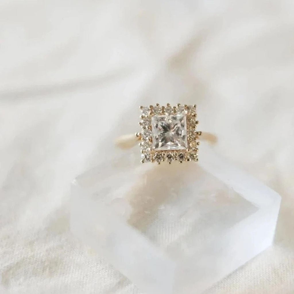 Colorless Moissanite Princess Cut Moissanite Engagement Ring, Cluster Halo Wedding Anniversary Ring, Promise Ring, Square Shape Ring