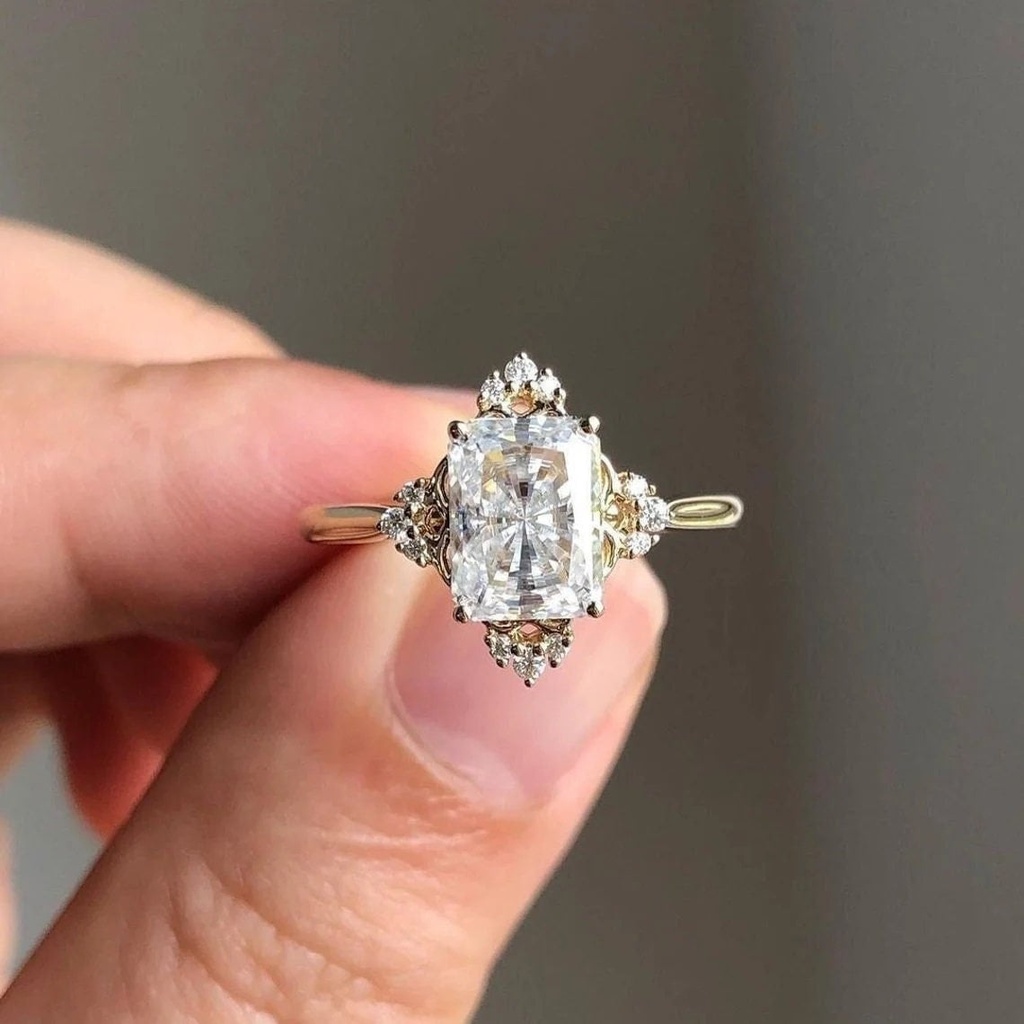 Radiant Moissanite Engagement Ring, Radiant Cut Vintage Cluster Wedding Ring, Cathedral Setting Radiant Anniversary Ring For Her