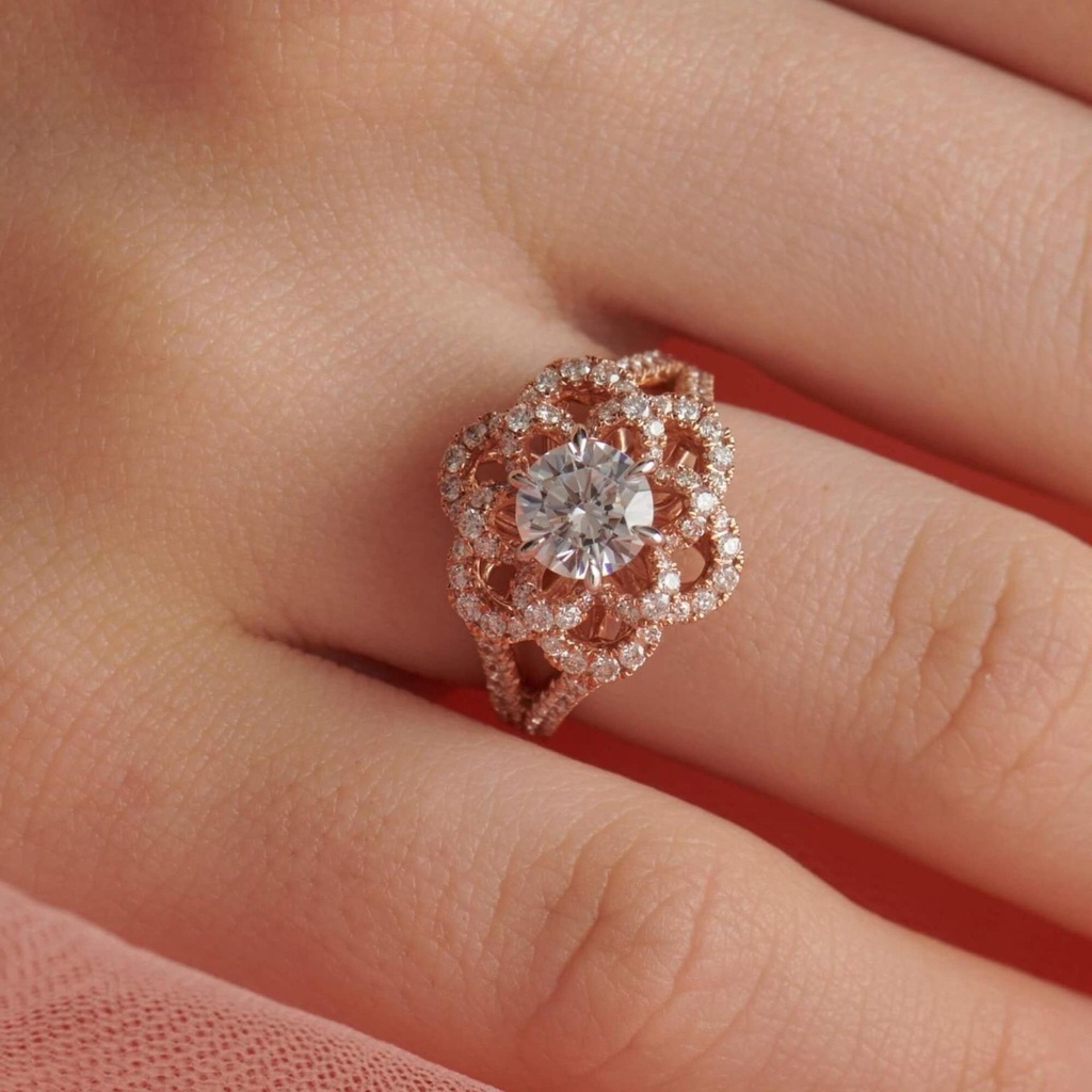 1 CT Vintage Flower Halo Engagement Ring, Unique Round Cut Moissanite Wedding Ring for Her, Sunflower Flower Promise Anniversary Rings For