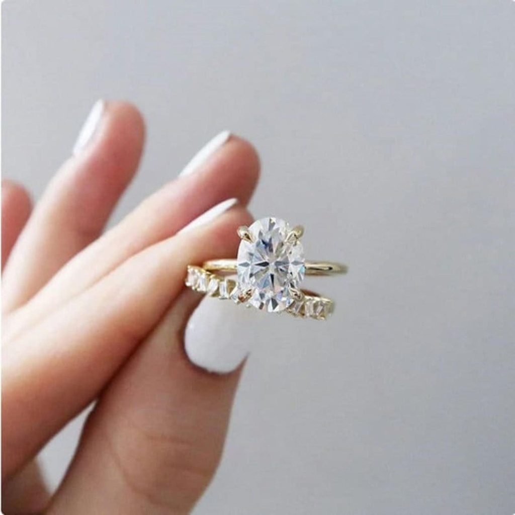 14K Yellow Gold Engagement Ring Set,  Oval Cut  Ring, Solitaire Wedding Ring With Matching Band - Bridal Ring Set