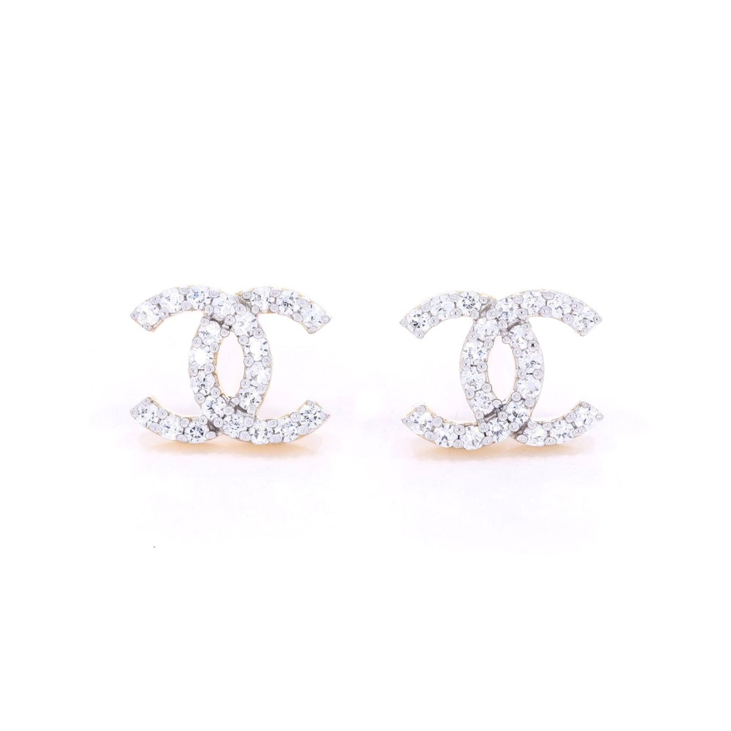 Twin C Round Diamond Pushback Stud Earring For Her