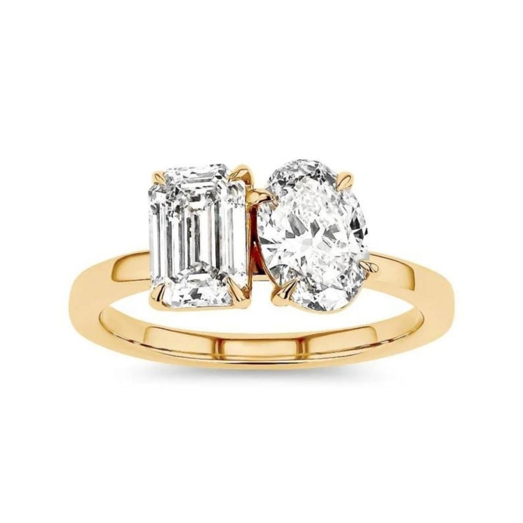  Emerald & Oval Cut Moissanite Toi Et Moi Ring In Yellow Gold