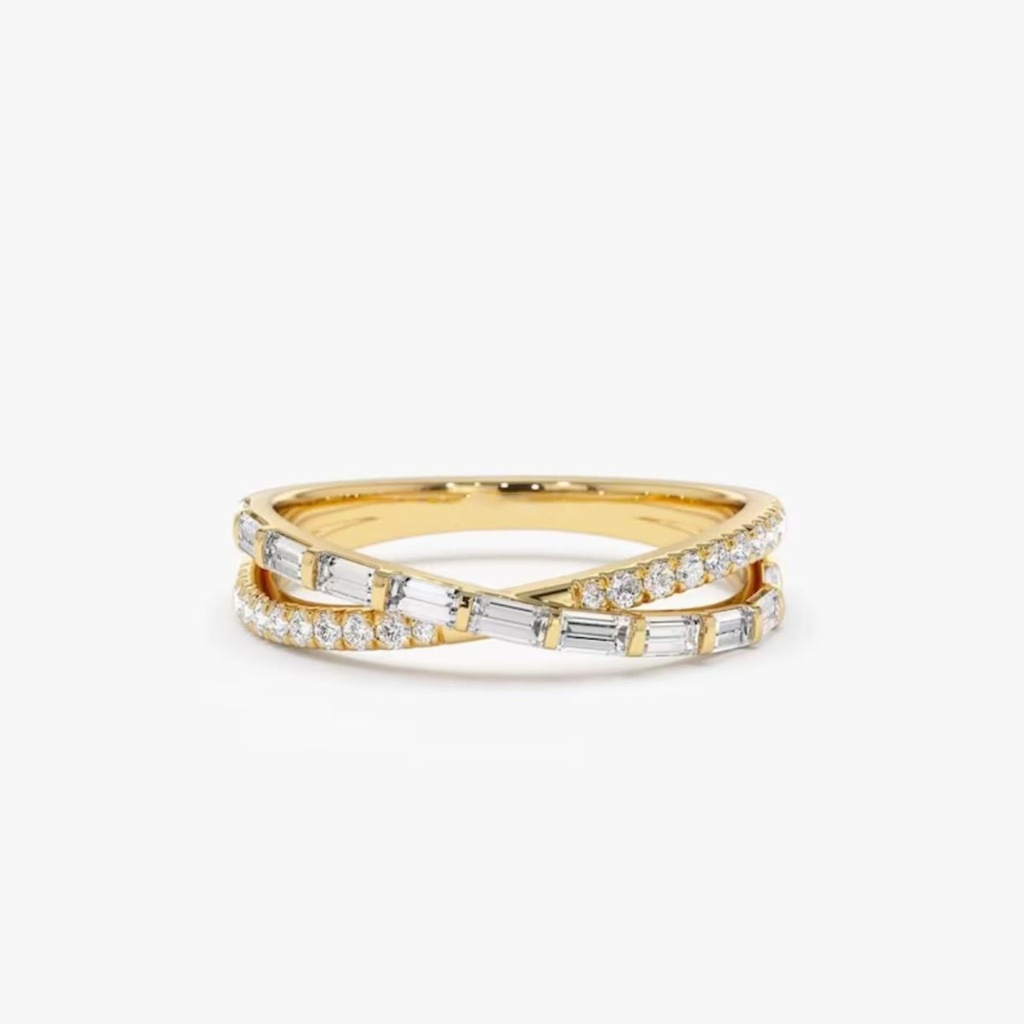 Baguette & Round Cut Moissanite Criss Cross Wedding Ring 