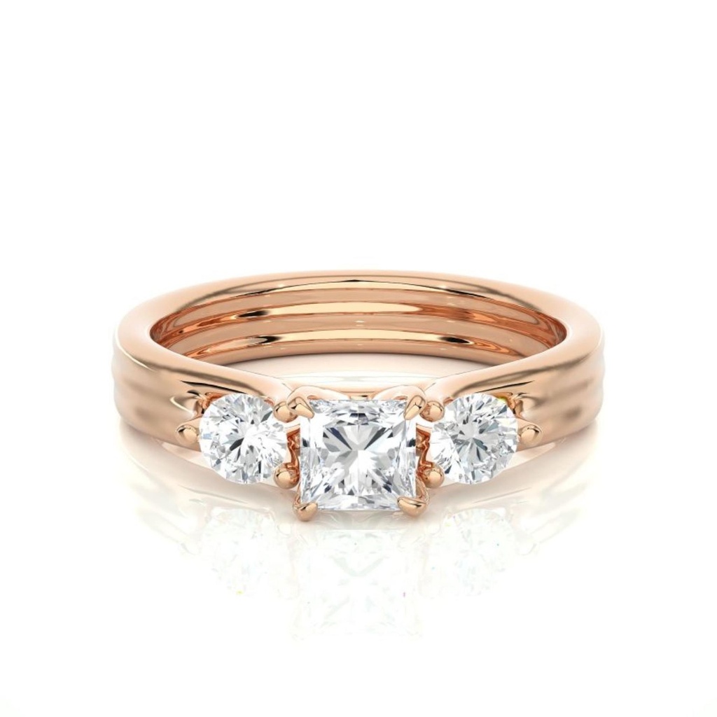  Princess & Round Cut Prong Set Three Stone Diamond Ring For Women