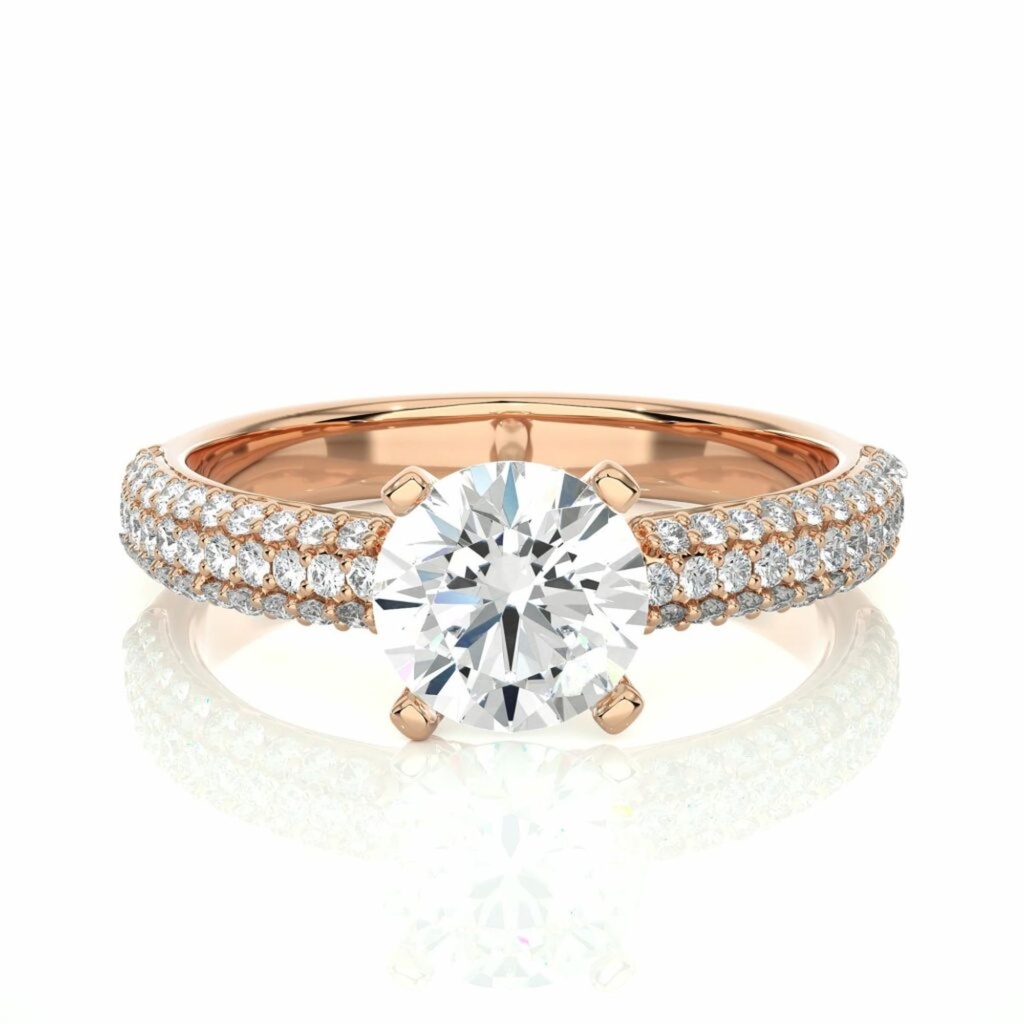  Round Cut 3 Row Pave Band Diamond Engagement Ring For Women