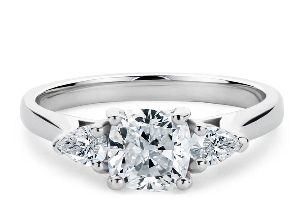  Cushion & Pear Cut 3 Stone Lab Diamond Engagement Ring 