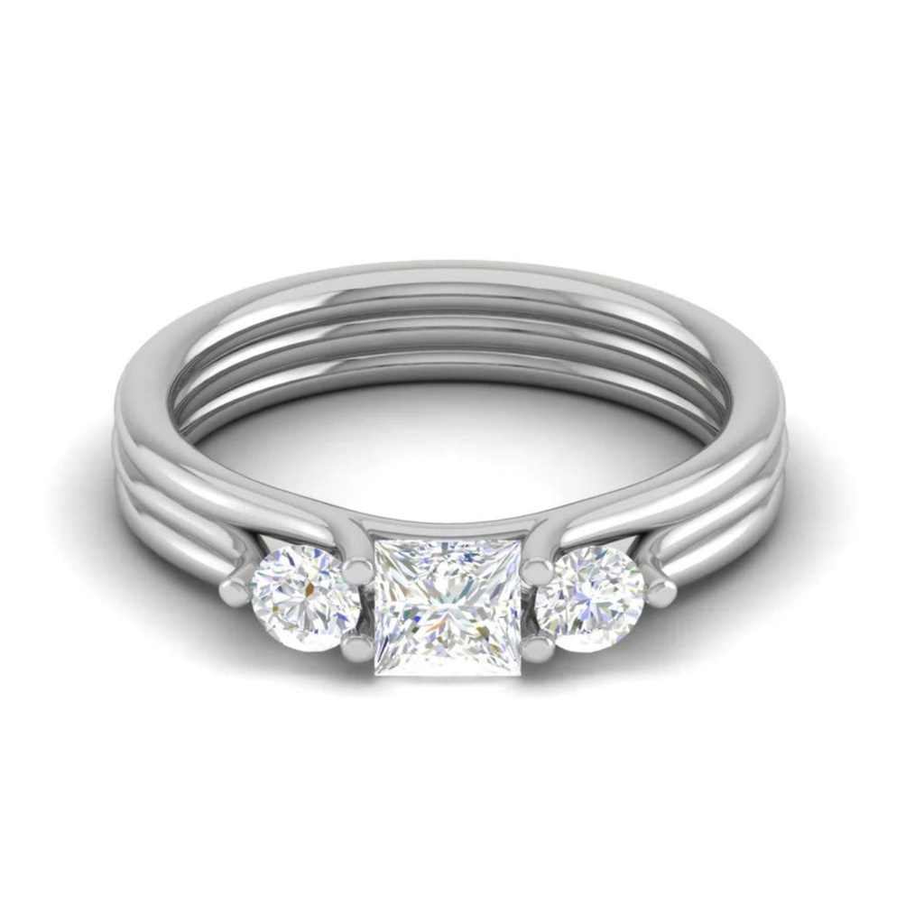  Princess and Round Cut Three Stone Lab Diamond Engagement Ring 