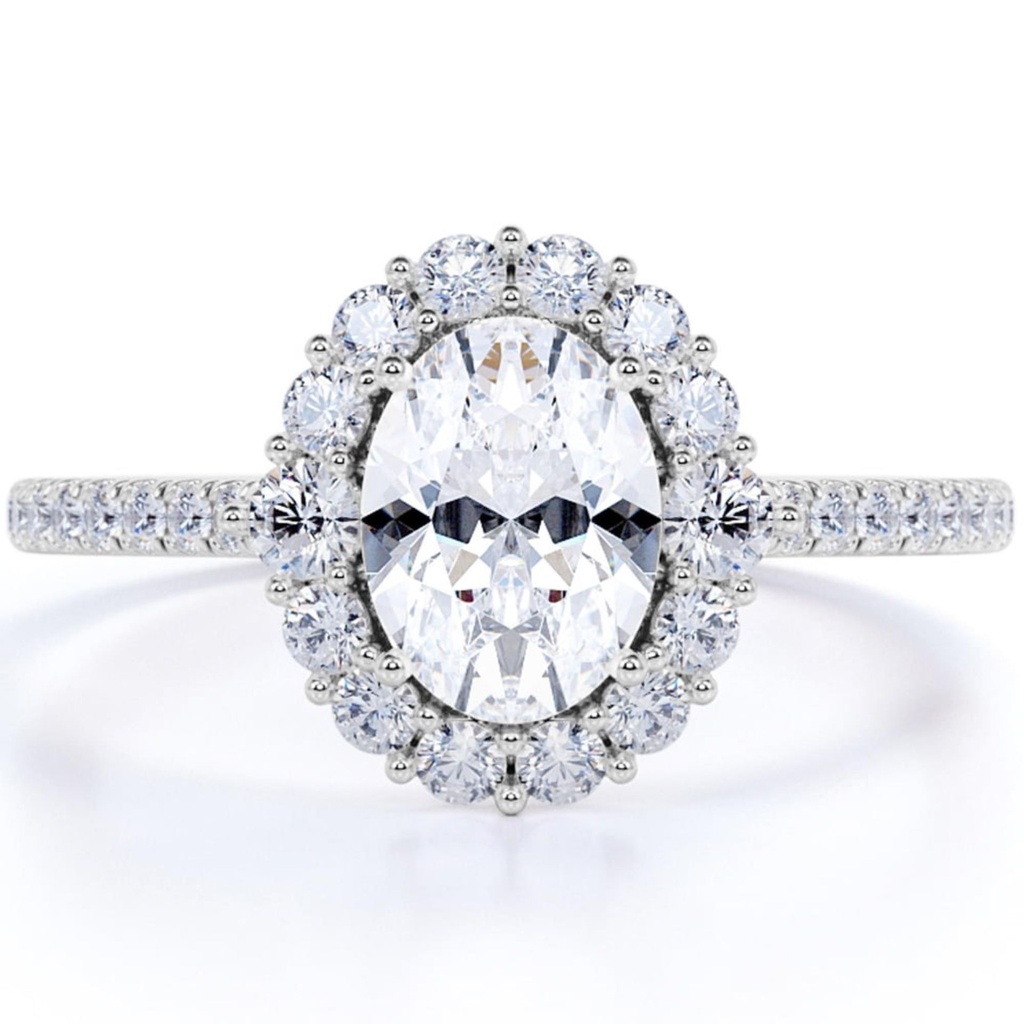 Oval Moissanite Split Shank Halo Engagement Ring in 18k White Gold over Silver