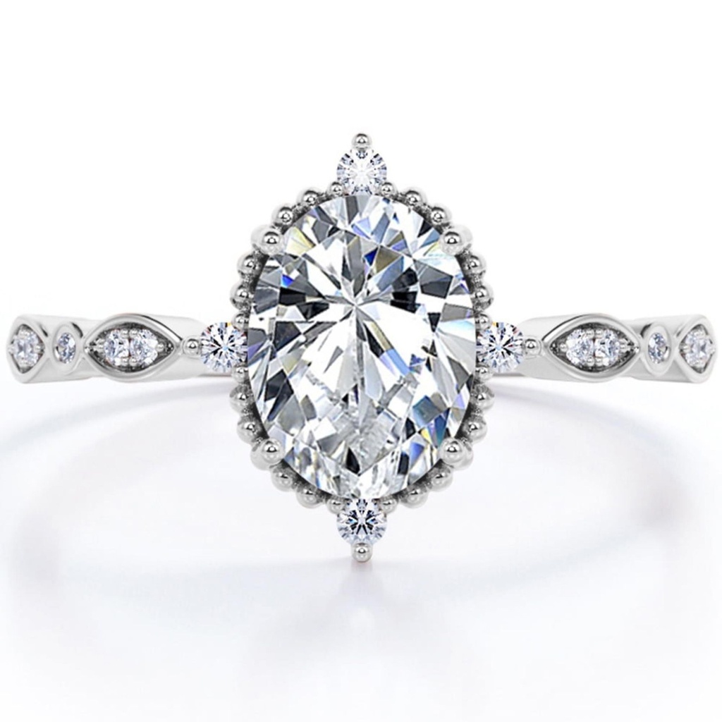 Oval Shape Moissanite 5-Stone Milgrain Decorative Engagement Ring In 18K White Gold Plating Over Silver
