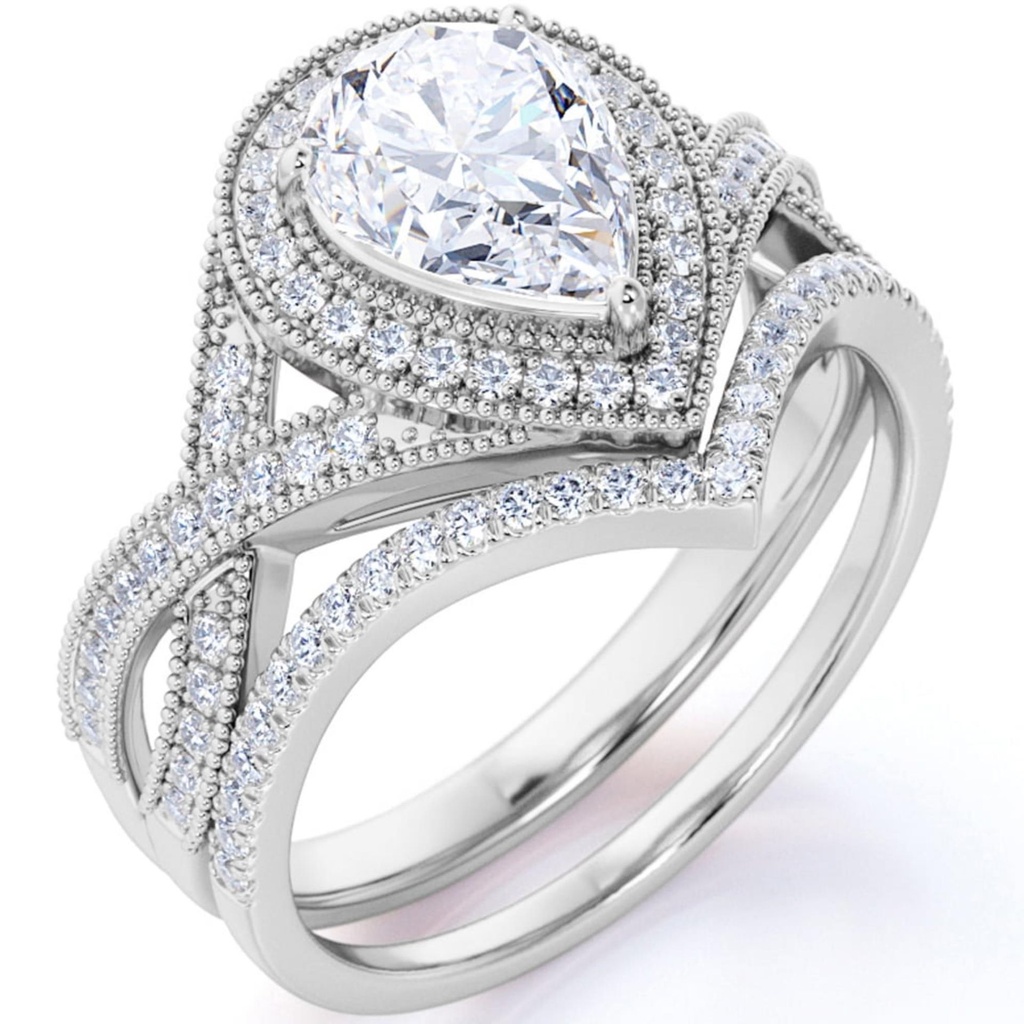 Pear Cut Moissanite Wedding Set - Bridal Set - Art Deco Ring - Halo Ring - Cluster Ring - 18k White Gold Over Silver