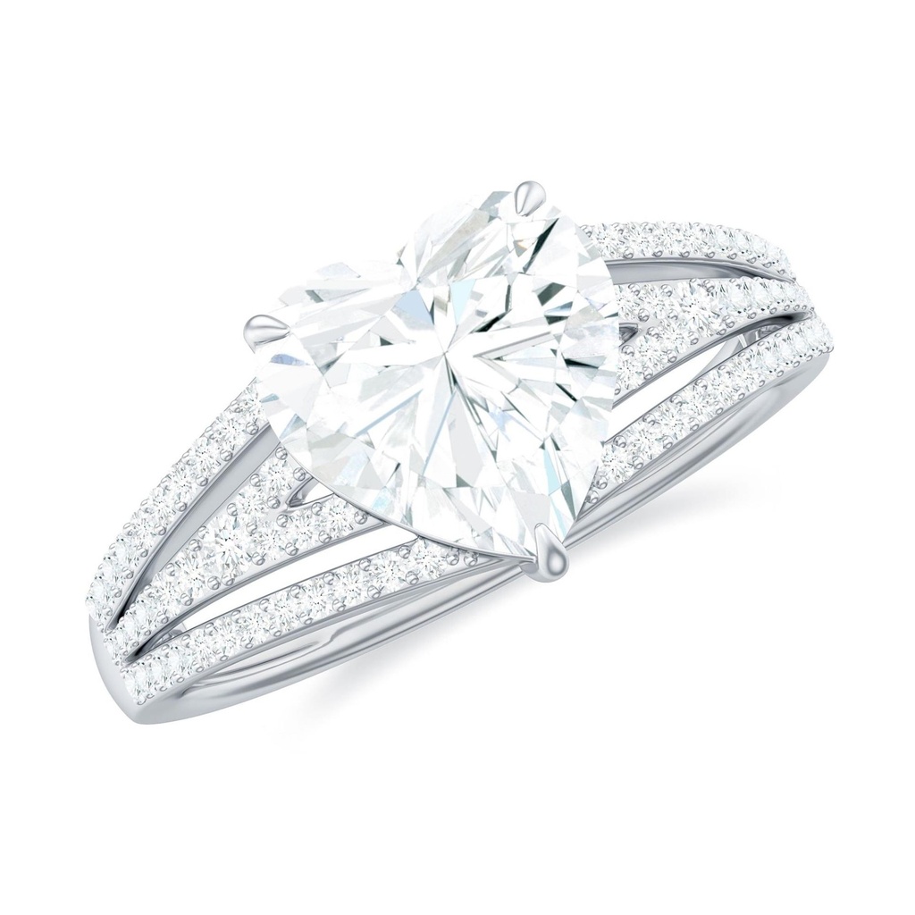 Heart Shape  Engagement Ring - Designer Split Shank Ring, 925 Sterling Silver, US 4.00