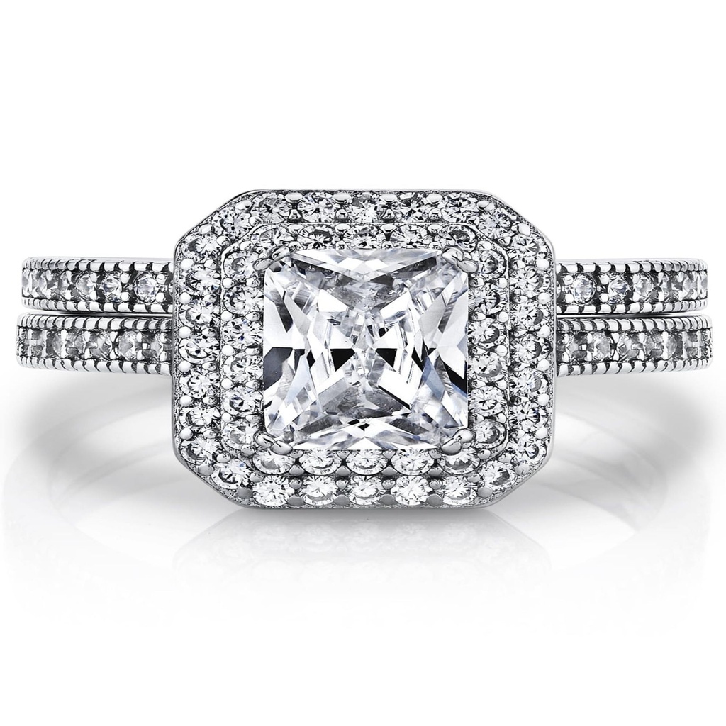 Metal Masters Women's 2 Carat Emerald Cut Sterling Silver Cubic Zirconia Wedding Ring Engagement Band Bridal Set SZ 5