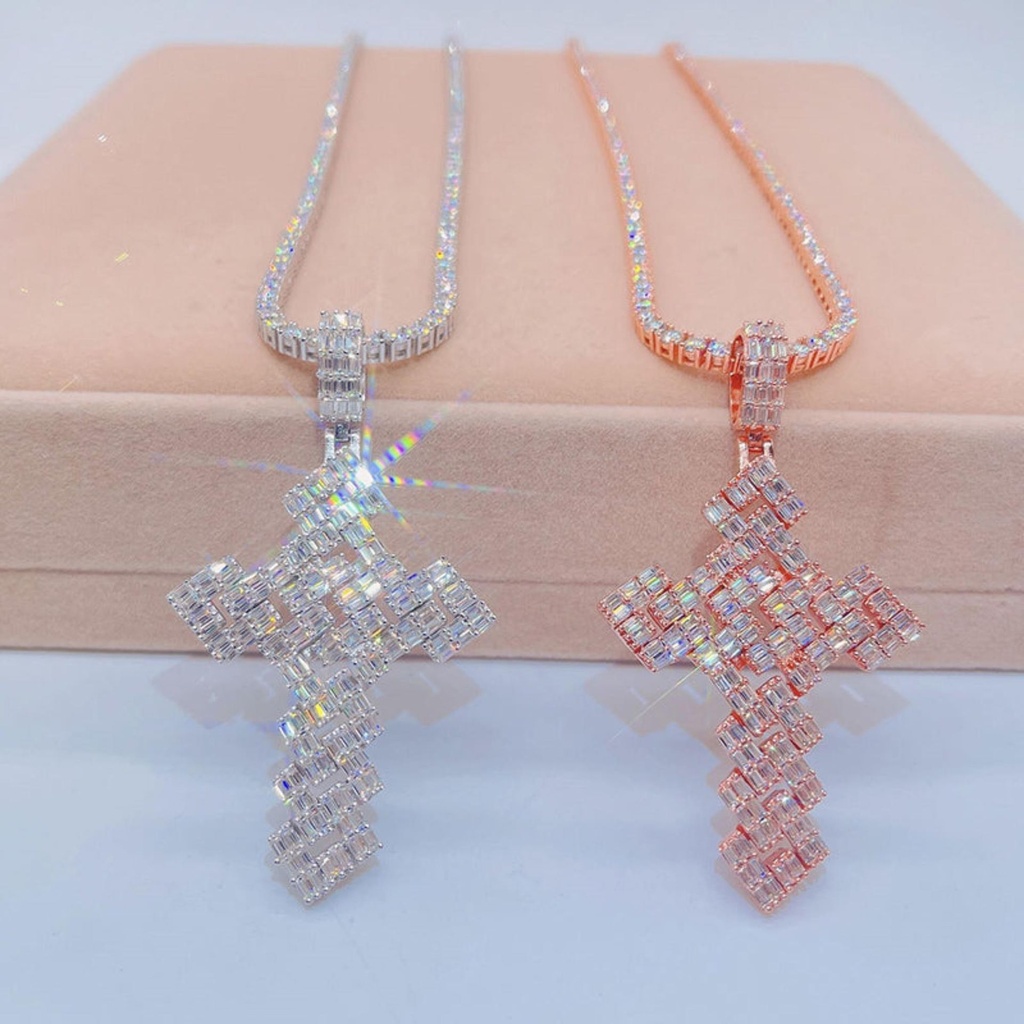 Sterling Silver Baguette Moissanite Cross Pendant with 3MM Tennis Chain | Hip Hop Jewelry