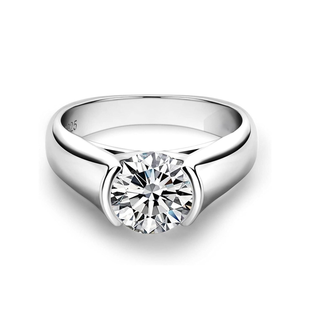  Moissanite Half Bezel Set Ring for Women Platinum Plated Silver VVS Moissanite Diamond Solitaire Engagement Promise Band