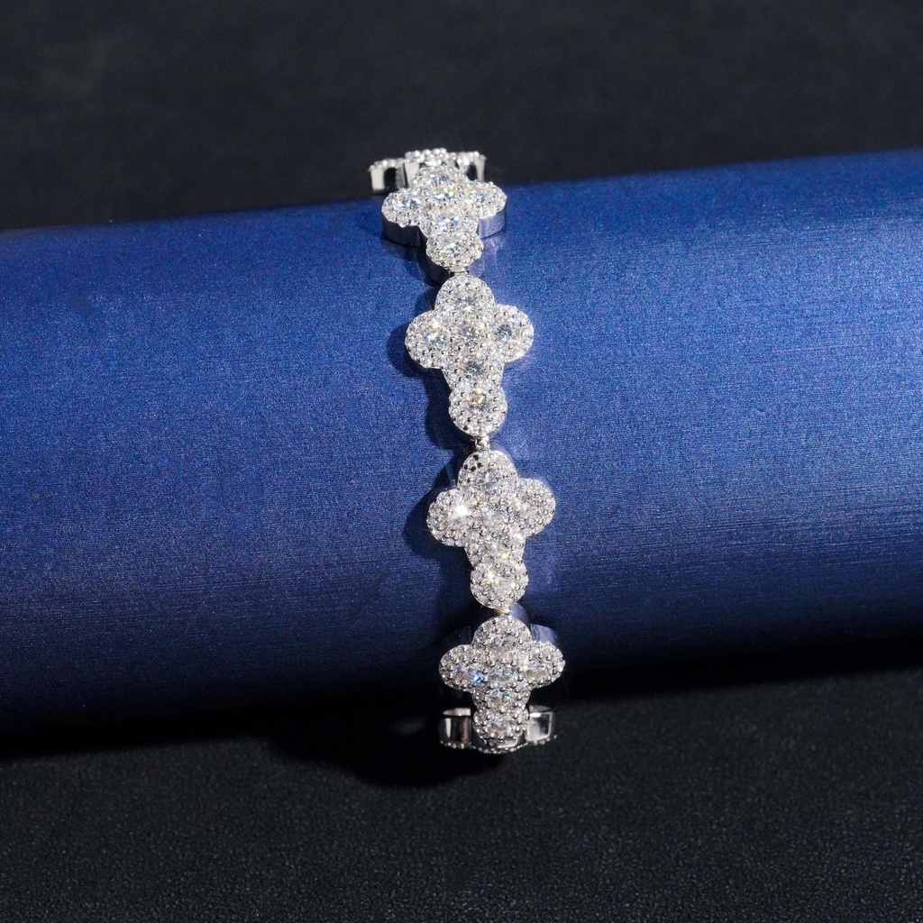  Diamond  Flower Clover Bracelet, 925 Silver, Iced Out Hip Hop Jewelry