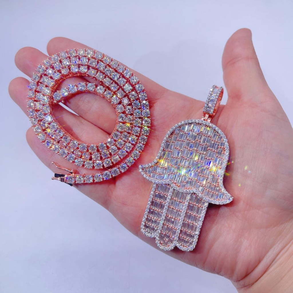 Rose Gold 925 Silver Baguette VVS Moissanite Hamsa Pendant & 18" Tennis Chain