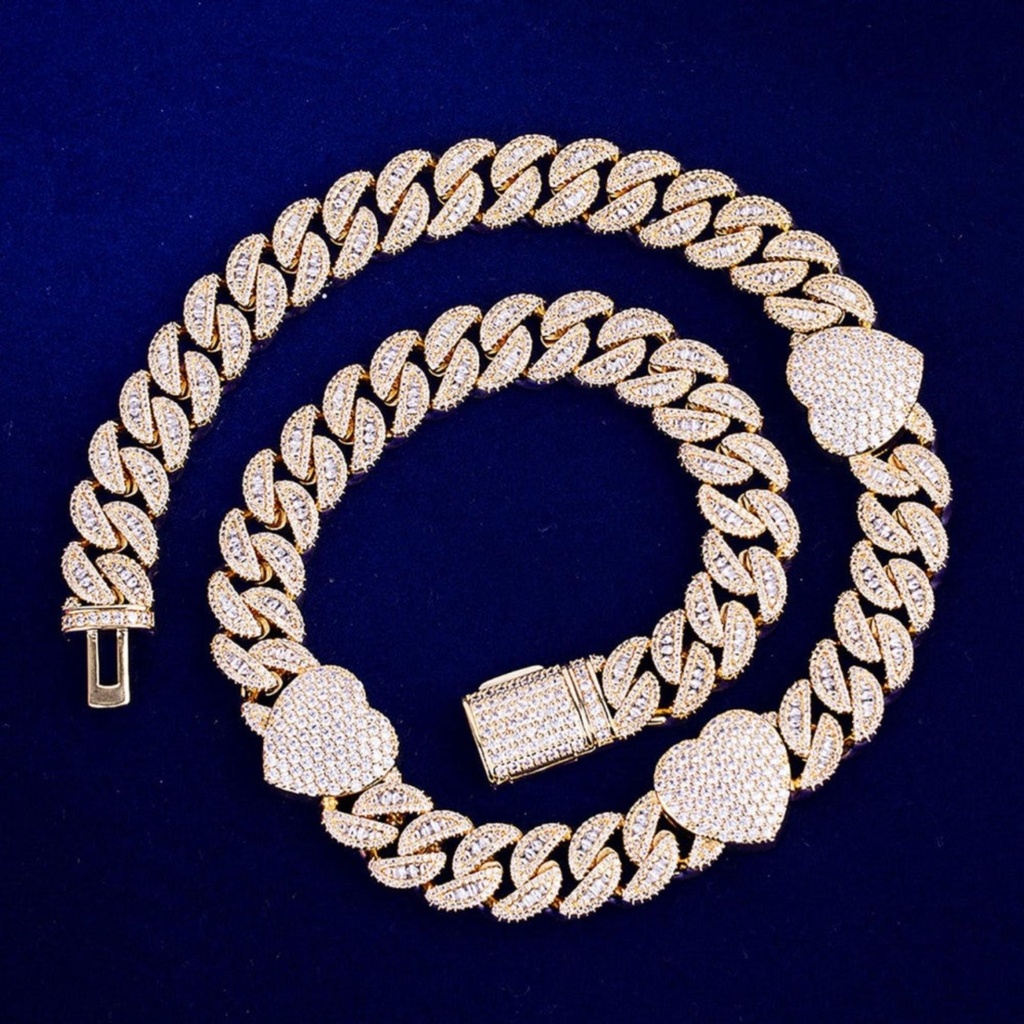 Iced Out  Sterling Silver Heart Hip Hop Cuban Chain Necklace