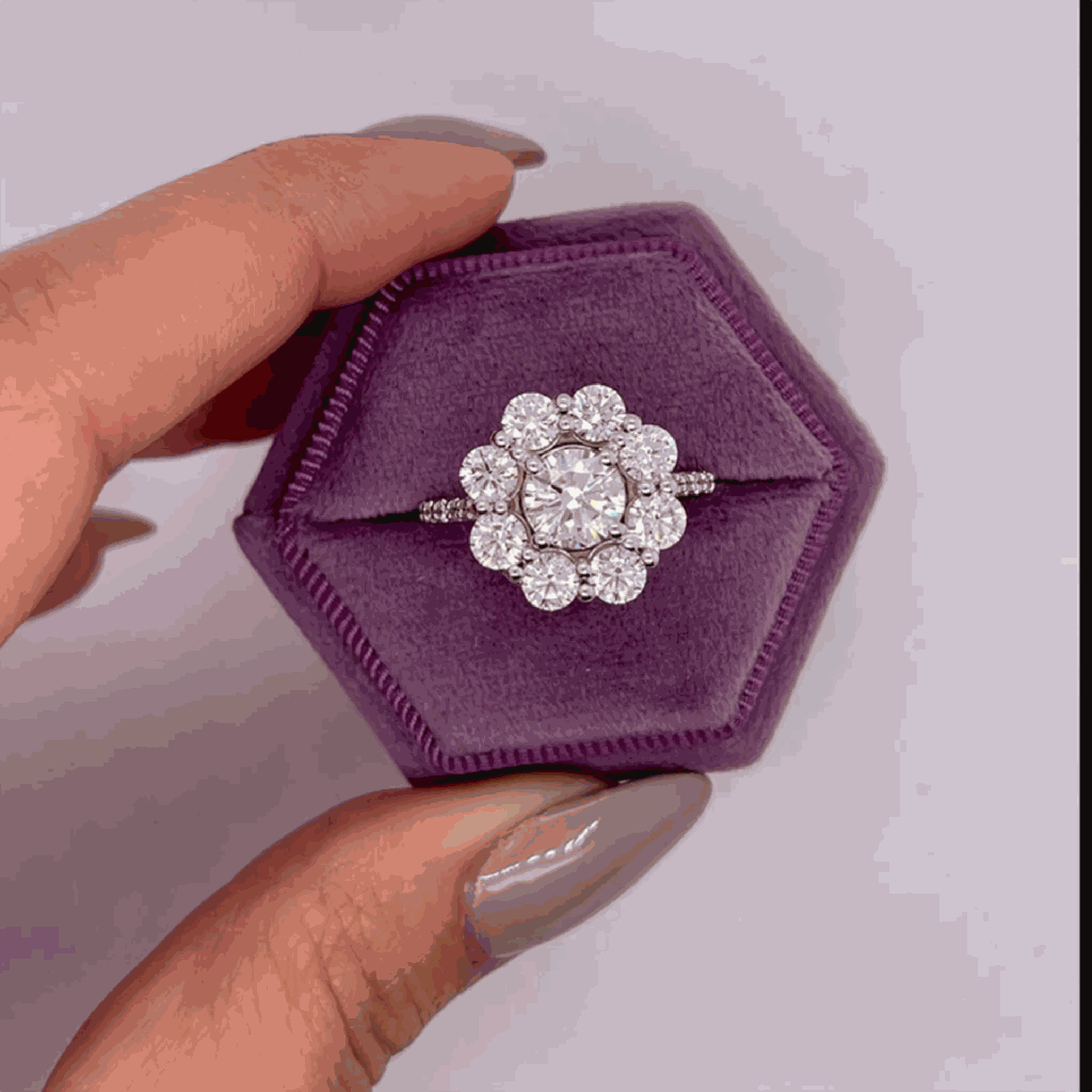 Round Floral Style Halo Diamond Engagement Ring For Women