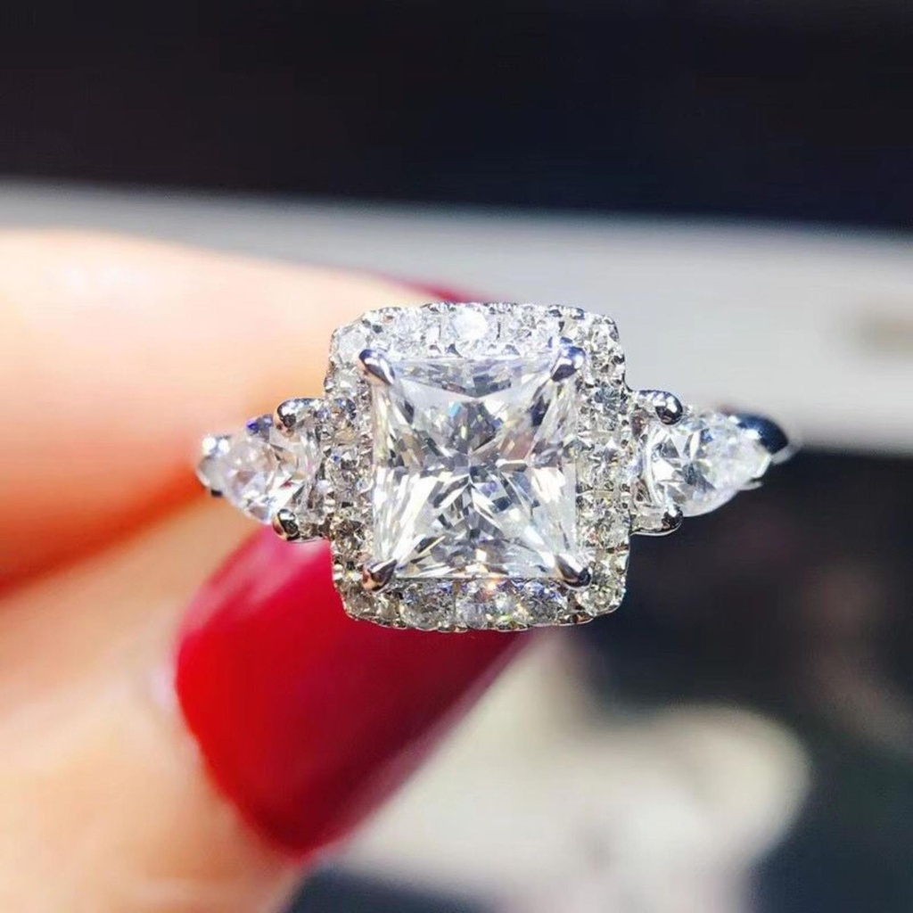Princess Diamond 3 Stone Halo Engagement Ring for Women