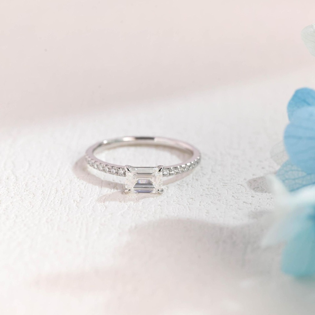 Solitaire East-West Emerald Cut Engagement Ring Pave Wedding Ring Ring Ring/Birthday Gift