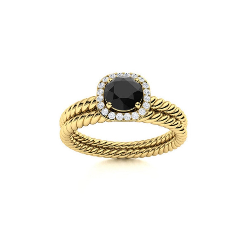Round Cut Halo Black And White Diamond Bridal Set Ring 