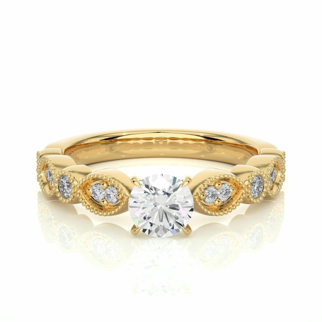  Round Cut Beads Setting Diamond Engagement Ring For Women