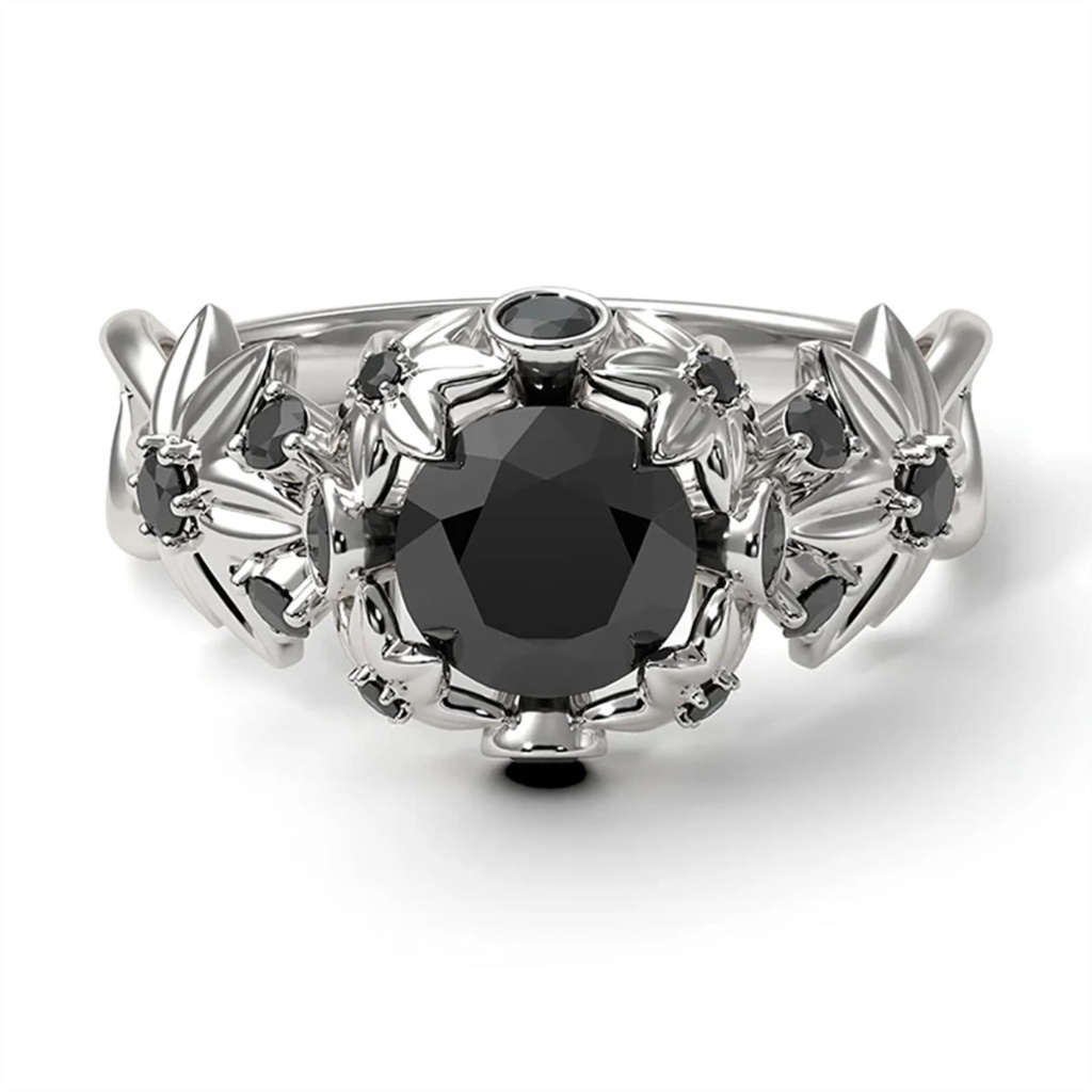 Black Round Cut Diamond Floral Style Engagement For Women