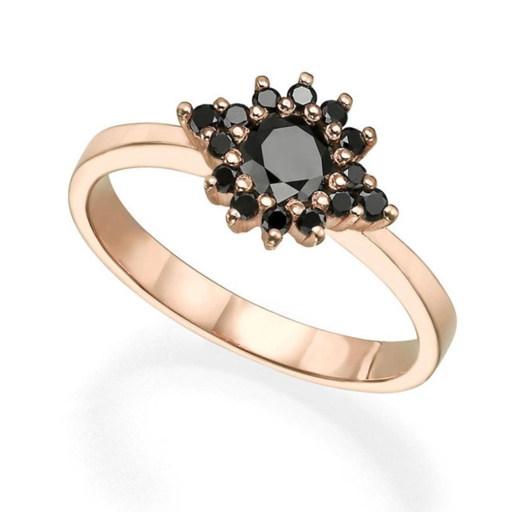  Round Cut Prong Setting Floral Black Diamond Ring For Women
